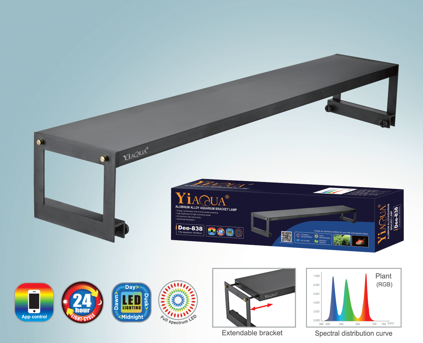 Deebow LED Aquarium Plant Light – Full Spectrum with App Control & Adjustable Bracket (Models Dee-818 / 838 / 858 / 868 for 50–140cm Tanks)